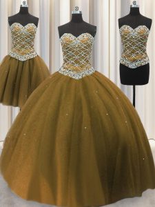 New Arrival Three Piece Floor Length Lace Up Quince Ball Gowns Brown for Military Ball and Sweet 16 and Quinceanera with Beading and Sequins