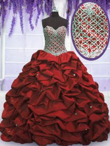 Modern Sweetheart Sleeveless Vestidos de Quinceanera Floor Length Beading and Sequins and Pick Ups Wine Red Taffeta