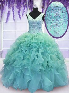 Custom Design V-neck Sleeveless Lace Up Sweet 16 Dresses Blue Organza
