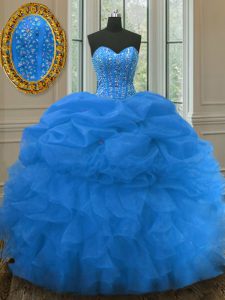 Blue Lace Up Quince Ball Gowns Beading and Ruffles and Pick Ups Sleeveless Floor Length