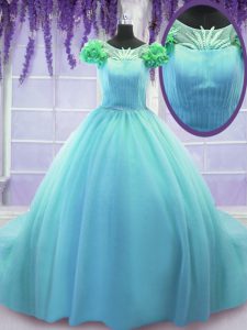 Modern Scoop Ball Gowns Short Sleeves Blue Sweet 16 Quinceanera Dress Court Train Lace Up