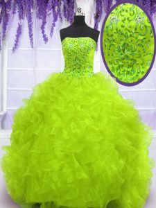 Fantastic With Train Yellow Green Sweet 16 Dress Strapless Sleeveless Brush Train Lace Up