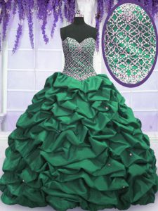 Floor Length Lace Up 15 Quinceanera Dress Dark Green for Military Ball and Sweet 16 and Quinceanera with Beading and Sequins and Pick Ups