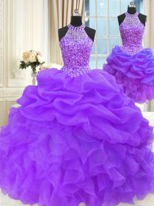 Three Piece Pick Ups Floor Length Ball Gowns Sleeveless Eggplant Purple Quinceanera Gown Lace Up