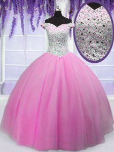 Suitable Off the Shoulder Floor Length Ball Gowns Short Sleeves Hot Pink Ball Gown Prom Dress Lace Up