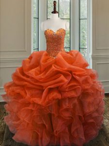 Modern Orange Red Ball Gowns Organza Sweetheart Sleeveless Beading and Ruffles Floor Length Lace Up Ball Gown Prom Dress