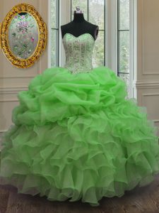 Suitable Ball Gowns Sweetheart Sleeveless Organza Floor Length Lace Up Beading and Ruffles and Pick Ups Sweet 16 Dresses