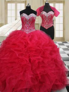 Red Lace Up Ball Gown Prom Dress Beading Sleeveless Floor Length