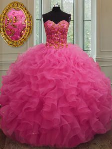 Fantastic Hot Pink Ball Gowns Beading and Ruffles Sweet 16 Dress Lace Up Organza Sleeveless Floor Length