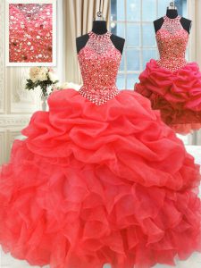 Beauteous Three Piece Red Lace Up Quince Ball Gowns Beading and Pick Ups Sleeveless Floor Length