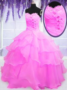 Hot Pink Ball Gowns Beading and Ruffled Layers Sweet 16 Dress Lace Up Organza Sleeveless Floor Length
