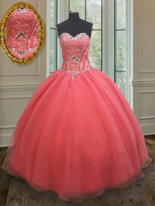 Watermelon Red Lace Up Sweetheart Beading 15th Birthday Dress Organza Sleeveless