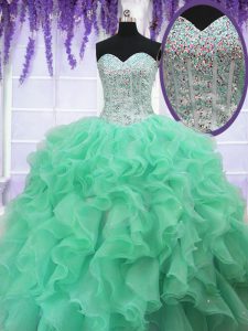 Apple Green Sleeveless Floor Length Ruffles and Sequins Lace Up 15th Birthday Dress