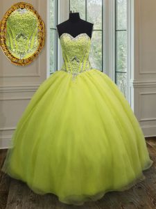 Charming Floor Length Lace Up Quinceanera Gown Yellow Green for Military Ball and Sweet 16 and Quinceanera with Beading and Belt