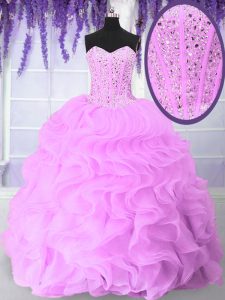 Custom Designed Lilac Sleeveless Floor Length Beading and Ruffles Lace Up Quinceanera Dress