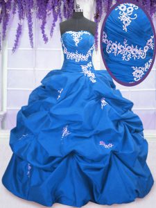 Taffeta Strapless Sleeveless Lace Up Appliques and Pick Ups Ball Gown Prom Dress in Blue