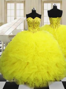Tulle Sweetheart Sleeveless Lace Up Beading and Ruffles Quince Ball Gowns in Light Yellow