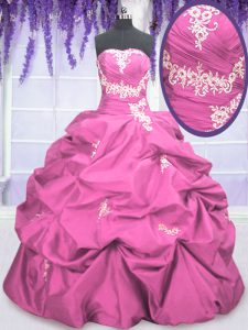 High Class Rose Pink Strapless Lace Up Appliques and Pick Ups Sweet 16 Dresses Sleeveless