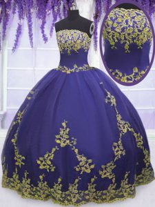 Graceful Floor Length Zipper Quinceanera Dresses Purple for Military Ball and Sweet 16 and Quinceanera with Appliques