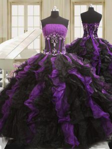 Black And Purple Sleeveless Organza Lace Up Quinceanera Dress for Military Ball and Sweet 16 and Quinceanera