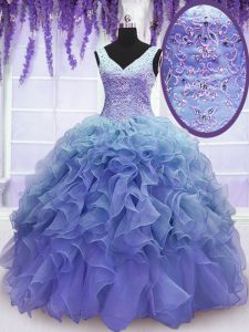Purple Sleeveless Beading and Embroidery and Ruffles Floor Length Sweet 16 Quinceanera Dress