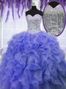 Purple Sweetheart Neckline Ruffles and Sequins Sweet 16 Dress Sleeveless Lace Up