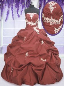 Modest Rust Red Sleeveless Appliques and Pick Ups Floor Length Quinceanera Dress