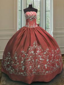 Eye-catching Strapless Sleeveless Quinceanera Gown Floor Length Embroidery Rust Red Satin