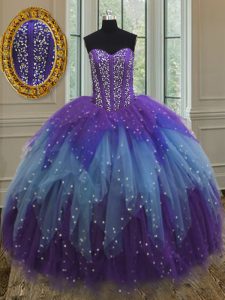 Custom Design Multi-color Lace Up Vestidos de Quinceanera Beading and Ruffles and Sequins Sleeveless Floor Length