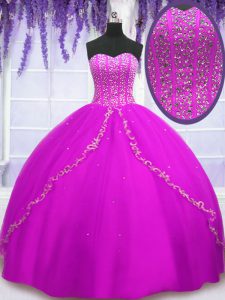 Sleeveless Tulle Floor Length Lace Up Quinceanera Gown in Fuchsia with Beading