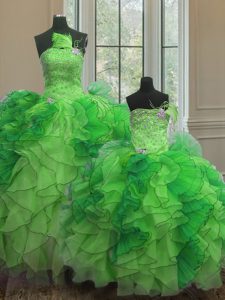 Green Organza Lace Up Strapless Sleeveless Floor Length Quinceanera Gown Beading and Ruffles