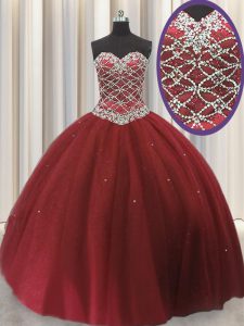 Admirable Sequins Red Sleeveless Tulle Lace Up Vestidos de Quinceanera for Military Ball and Sweet 16 and Quinceanera