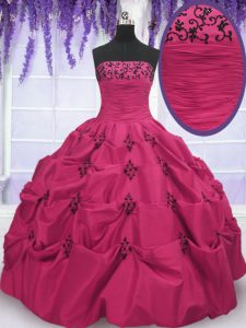 Customized Sleeveless Floor Length Embroidery and Pick Ups Lace Up 15 Quinceanera Dress with Hot Pink