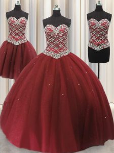 Three Piece Burgundy Tulle Lace Up Quince Ball Gowns Sleeveless Floor Length Beading and Sequins