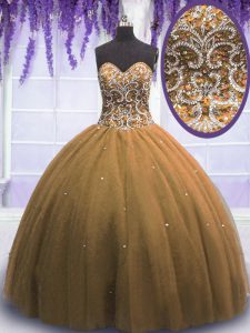 Sleeveless Floor Length Beading Lace Up Vestidos de Quinceanera with Brown