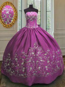 Fantastic Floor Length Fuchsia Quince Ball Gowns Satin Sleeveless Embroidery