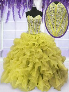 Stunning Gold Sleeveless Floor Length Beading and Ruffles Lace Up Sweet 16 Quinceanera Dress