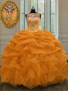 Decent Scoop Sleeveless Organza Floor Length Lace Up Vestidos de Quinceanera in Gold with Beading and Pick Ups