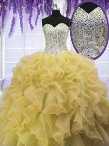 Designer Sweetheart Sleeveless Lace Up Quinceanera Dresses Gold Organza