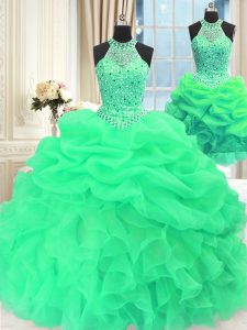 Three Piece Pick Ups Floor Length Green 15th Birthday Dress High-neck Sleeveless Lace Up