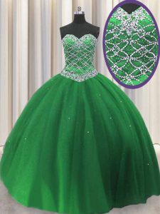 High Class Sleeveless Floor Length Beading Lace Up Vestidos de Quinceanera with Green