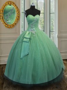 Top Selling Green Sleeveless Tulle and Sequined Lace Up Sweet 16 Quinceanera Dress for Military Ball and Sweet 16 and Quinceanera