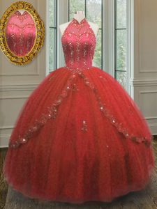 Wine Red Ball Gowns Halter Top Sleeveless Tulle Floor Length Lace Up Beading and Appliques Ball Gown Prom Dress