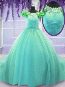 High Quality Scoop Turquoise Short Sleeves Court Train Hand Made Flower Sweet 16 Dress