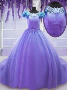 Free and Easy Scoop Ball Gowns Short Sleeves Lavender Quinceanera Gowns Court Train Lace Up