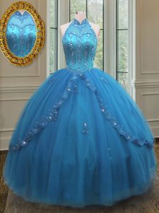 High-neck Sleeveless Tulle 15 Quinceanera Dress Beading and Appliques Lace Up