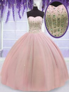 Modern Baby Pink Tulle Lace Up Sweetheart Sleeveless Floor Length Quinceanera Dress Beading