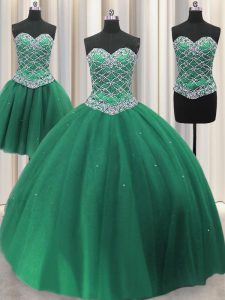 Glorious Three Piece Green Lace Up Quinceanera Dress Beading and Ruffles Sleeveless Floor Length