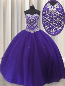 Suitable Purple Lace Up Ball Gown Prom Dress Beading and Sequins Sleeveless Floor Length