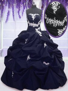 Discount Navy Blue Taffeta Lace Up Sweet 16 Quinceanera Dress Sleeveless Floor Length Appliques and Pick Ups